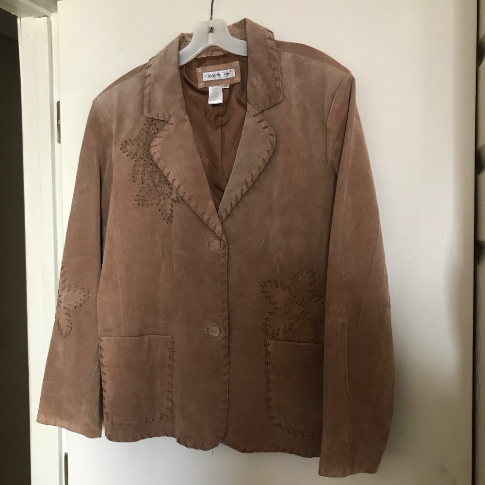 Coldwater Creek Suede Leather Blazer Jacket 2x Western Whipstitch Flowers Tan